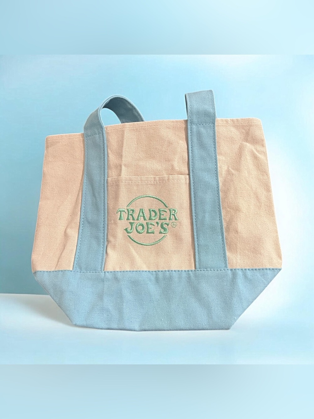 Trader Joe’s Mini Canvas Tote Bag – Rare Pastel Blue & Cream